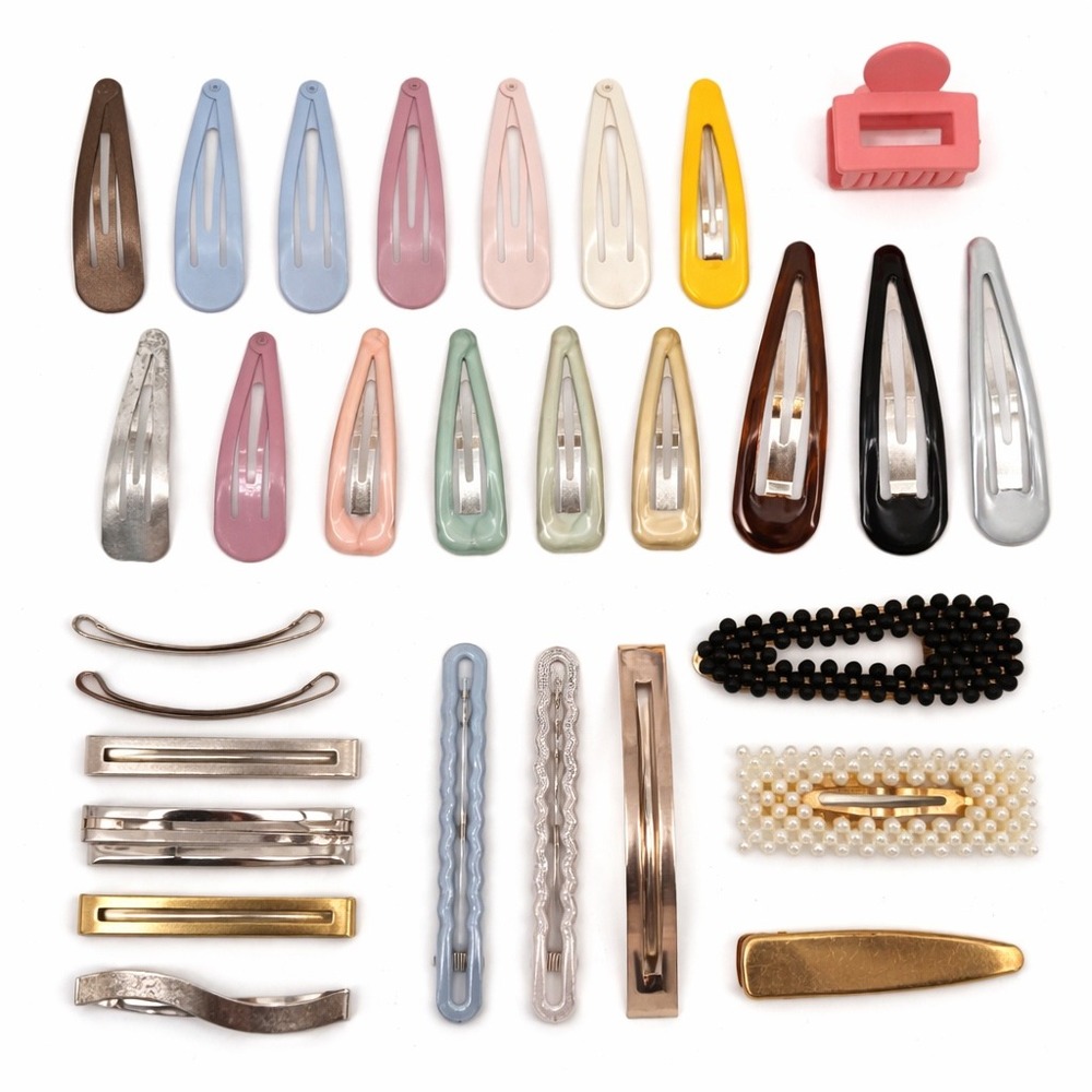 Women Assorted Hair Clip Bundle Snap Clips Barrettes Pearl Metal 26pc Set